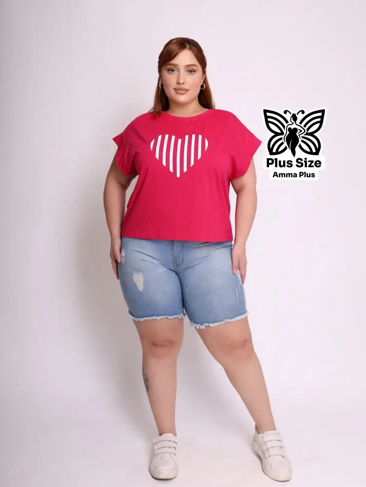 Blusa Estampada Coração Listrado Plus Size - Amma Plus