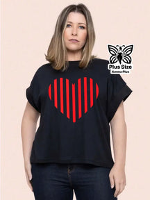 Blusa Estampada Coração Listrado Plus Size - Amma Plus