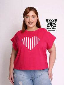 Blusa Estampada Coração Listrado Plus Size - Amma Plus