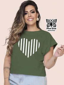 Blusa Estampada Coração Listrado Plus Size - Amma Plus