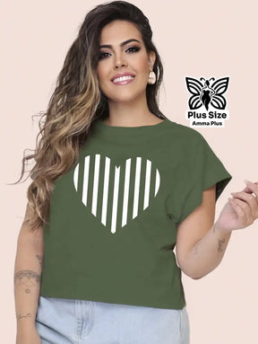 Blusa Estampada Coração Listrado Plus Size - Amma Plus