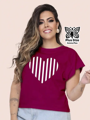 Blusa Estampada Coração Listrado Plus Size - Amma Plus