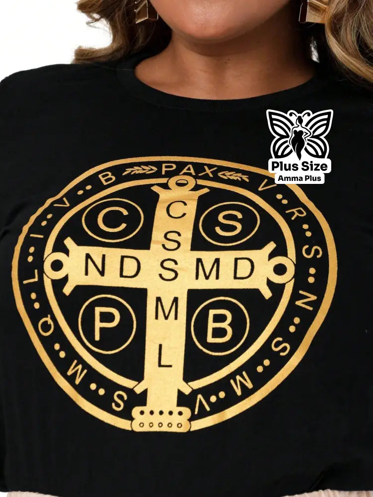 Blusa Estampada Cruz Medalha De São Bento Plus Size - Amma Plus