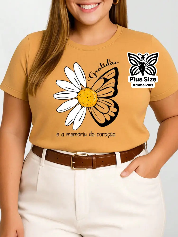Blusa Estampada Margarida Borboleta Gratidão Plus Size - Amma Plus