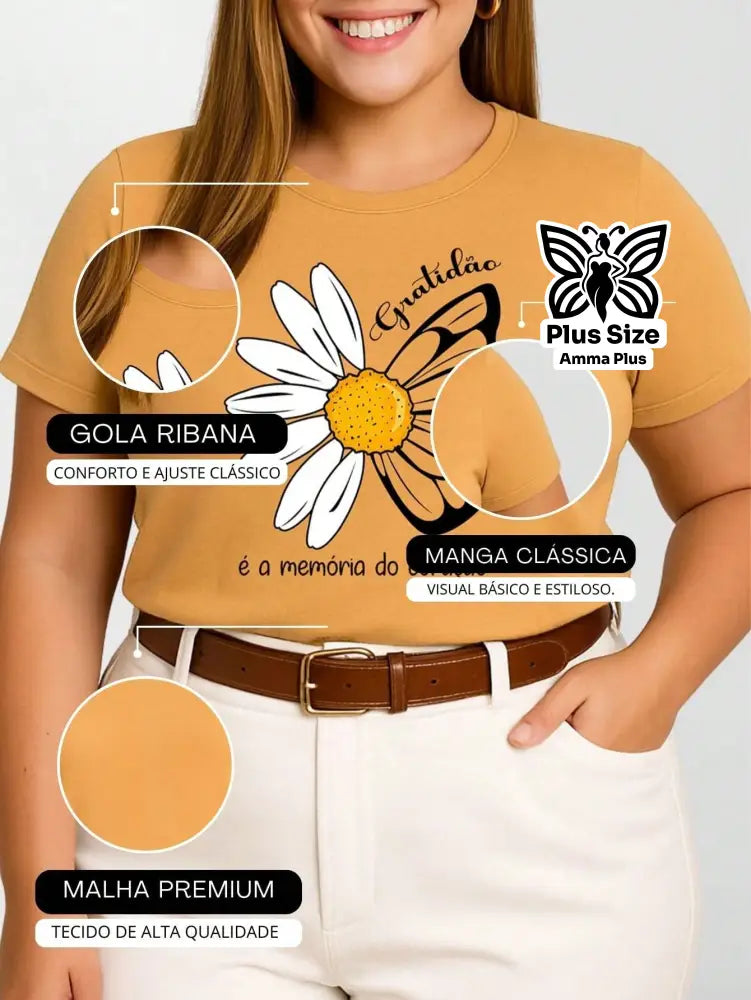 Blusa Estampada Margarida Borboleta Gratidão Plus Size - Amma Plus