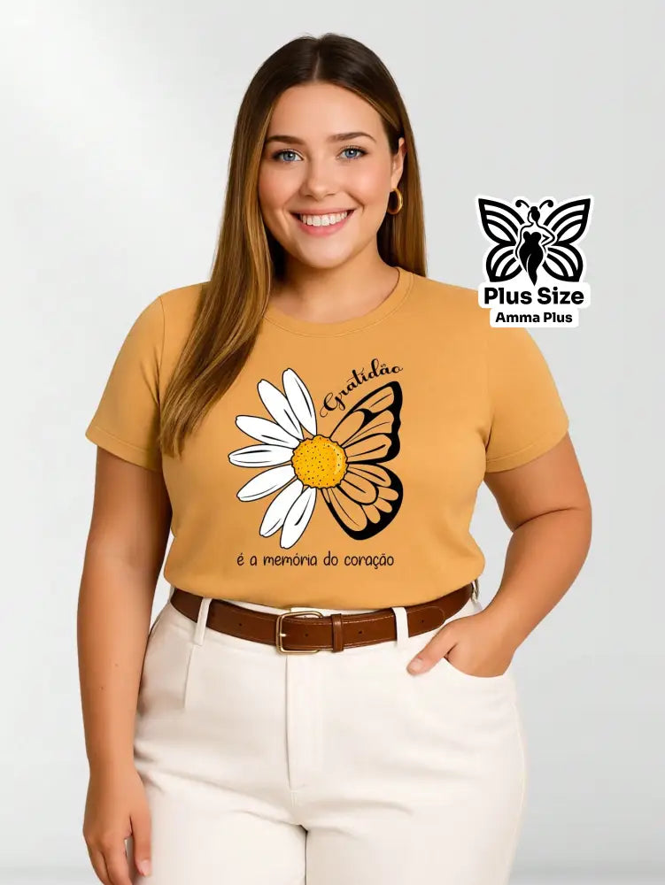 Blusa Estampada Margarida Borboleta Gratidão Plus Size - Amma Plus