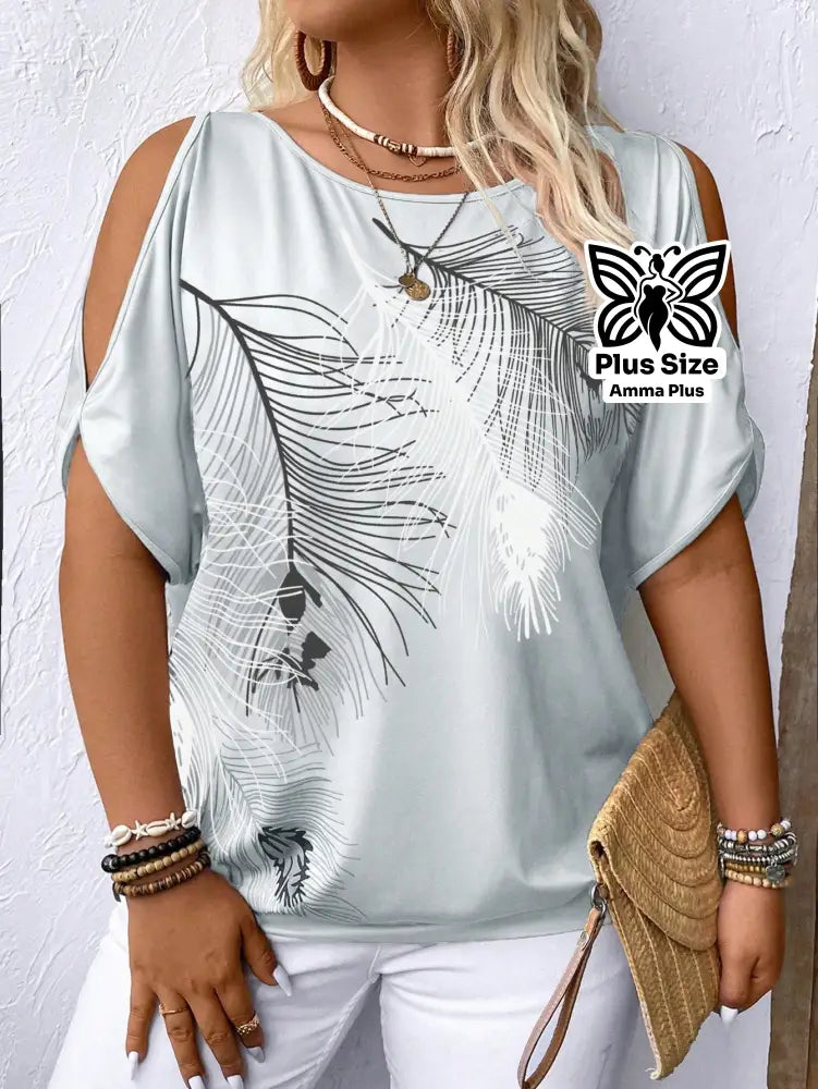 Blusa Estampada Ombro Vazado Botânica Plus Size - Amma Plus