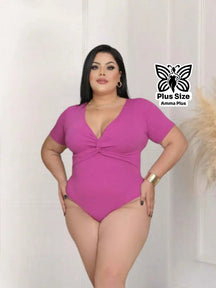Body Manga Curta Decote V Transpassado Elegante Plus Size