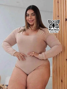 Body Manga Longa Decote Quadrado Justo Confortável Plus Size