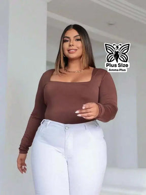 Body Manga Longa Decote Quadrado Justo Confortável Plus Size