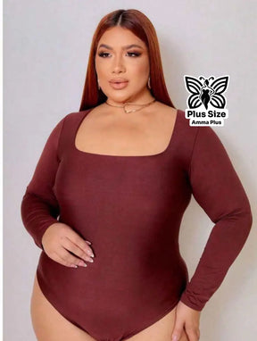 Body Manga Longa Decote Quadrado Justo Confortável Plus Size