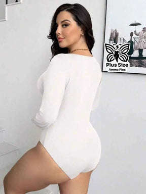 Body Manga Longa Decote Quadrado Justo Confortável Plus Size