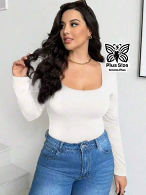 Body Manga Longa Decote Quadrado Justo Confortável Plus Size