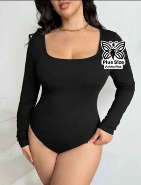 Body Manga Longa Decote Quadrado Justo Confortável Plus Size