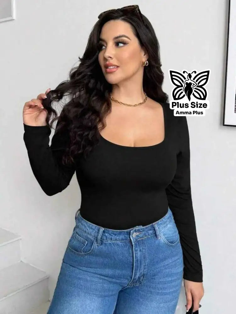 Body Manga Longa Decote Quadrado Justo Confortável Plus Size