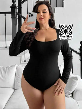 Body Manga Longa Decote Quadrado Justo Confortável Plus Size