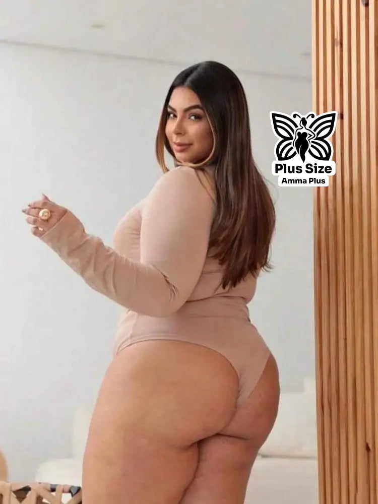 Body Manga Longa Decote Quadrado Justo Confortável Plus Size