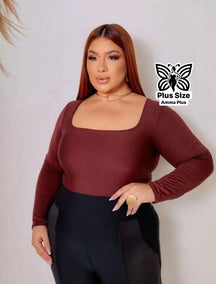 Body Manga Longa Decote Quadrado Justo Confortável Plus Size