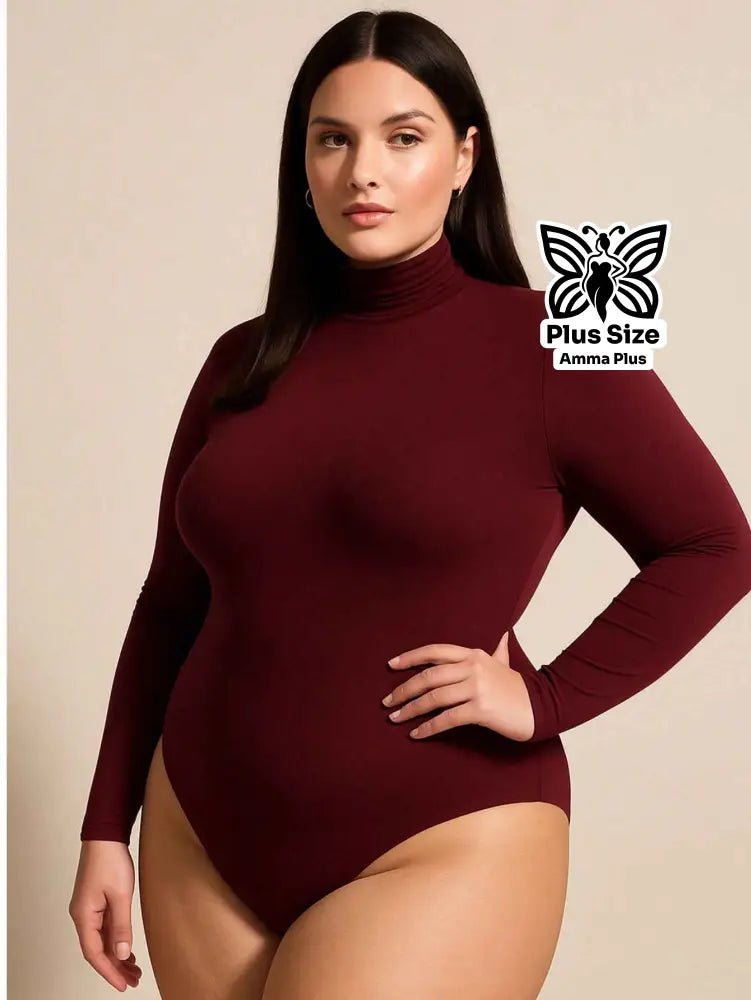 Body Manga Longa Gola Alta Segunda Pele Casual Elegante Plus Size