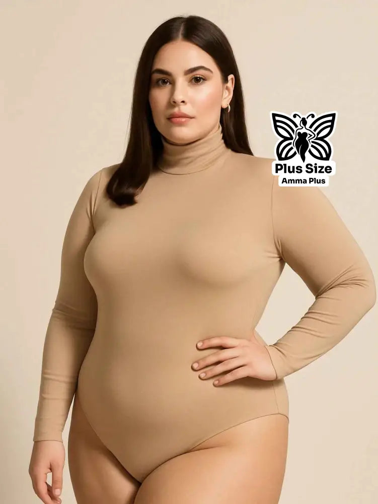 Body Manga Longa Gola Alta Segunda Pele Casual Elegante Plus Size