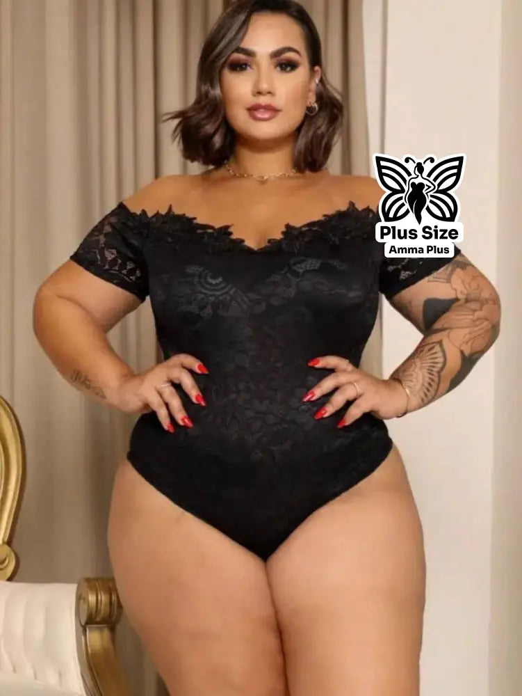 Body Ombro a Ombro em Renda Sensual Elegante Plus Size