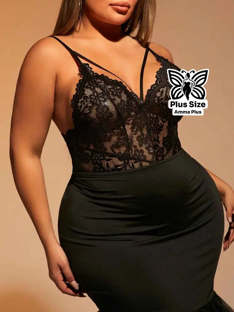 Body Renda Transparente Decote Profundo Com Alças Plus Size