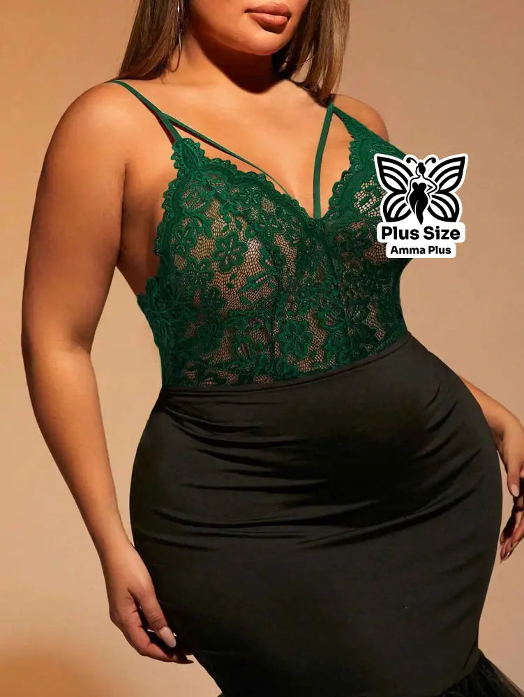 Body Renda Transparente Decote Profundo Com Alças Plus Size