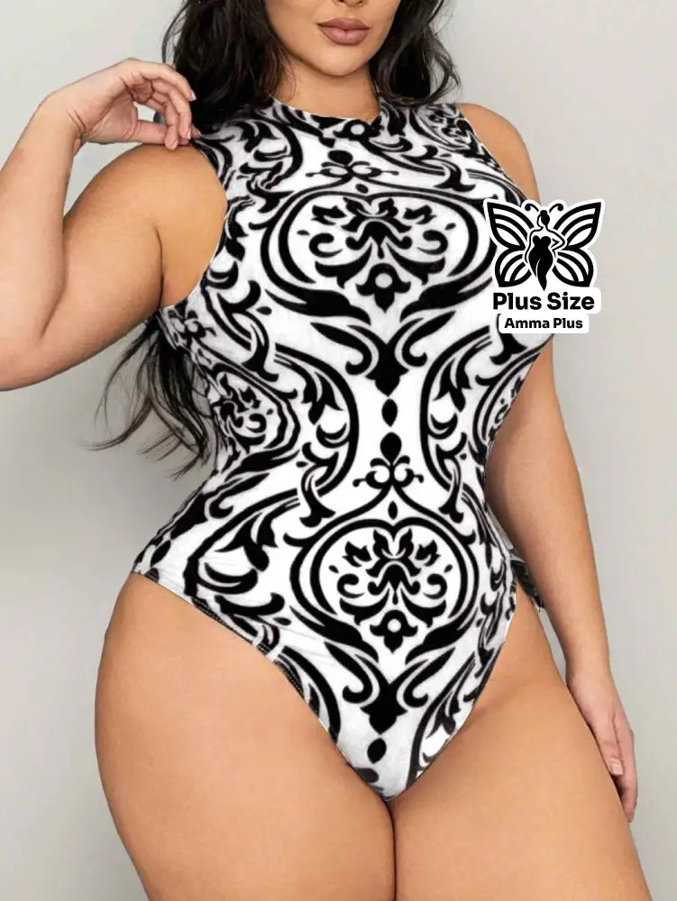 Body Tule Estampado Transparente Sem Mangas Plus Size