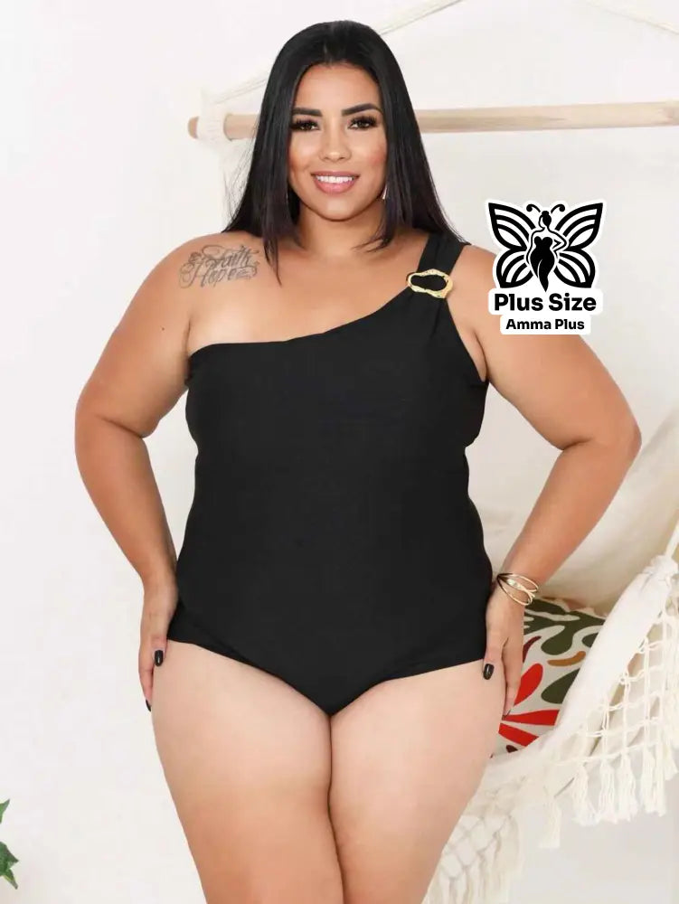 Body Um Ombro Só Assimétrico Com Fivela Moderna Plus Size