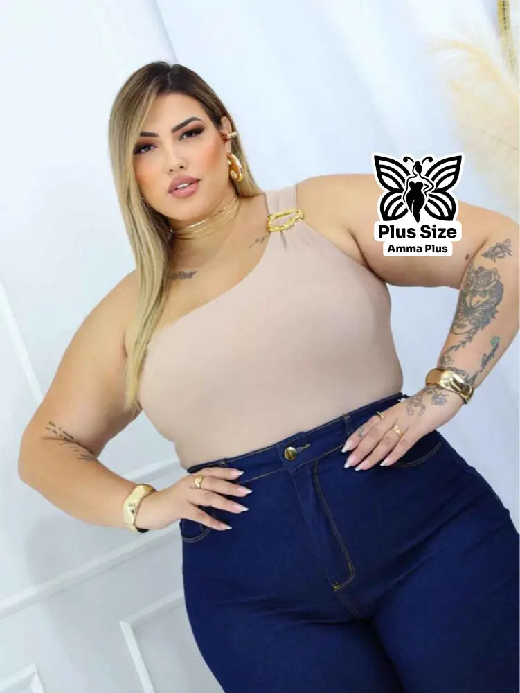 Body Um Ombro Só Assimétrico Com Fivela Moderna Plus Size