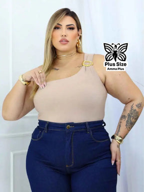Body Um Ombro Só Assimétrico Com Fivela Moderna Plus Size
