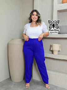 Calça Alfaiataria Reta Com Fecho E Botão Plus Size - Amma Plus