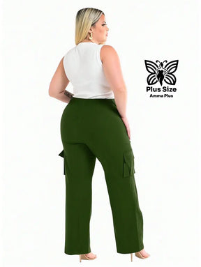 Calça Cargo Reta Com Bolsos Laterais Utilitários Plus Size - Amma Plus