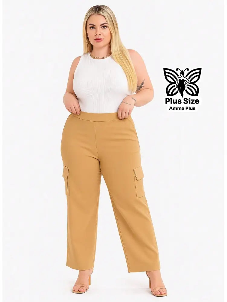 Calça Cargo Reta Com Bolsos Laterais Utilitários Plus Size - Amma Plus
