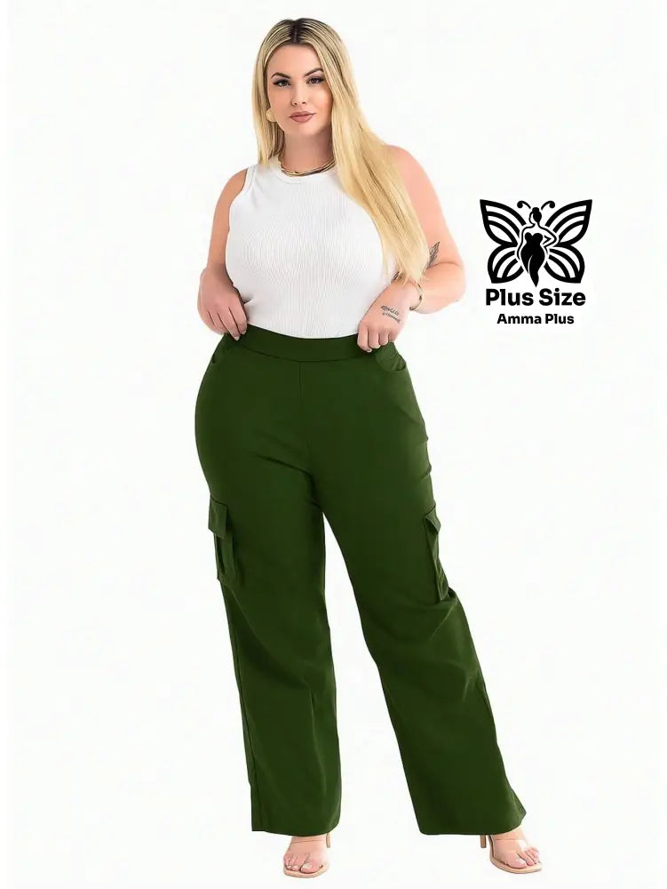 Calça Cargo Reta Com Bolsos Laterais Utilitários Plus Size - Amma Plus