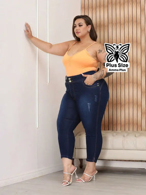 Calça Jeans Skinny Cintura Alta Com Elastano Plus Size - Amma Plus