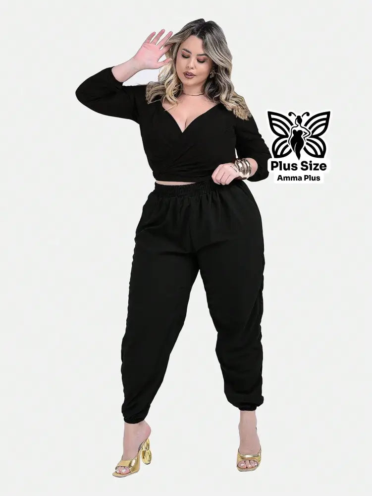 Calça Jogger Cós Elástico Com Bolsos Casual Plus Size - Amma Plus