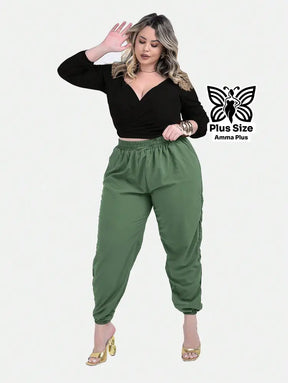 Calça Jogger Cós Elástico Com Bolsos Casual Plus Size - Amma Plus