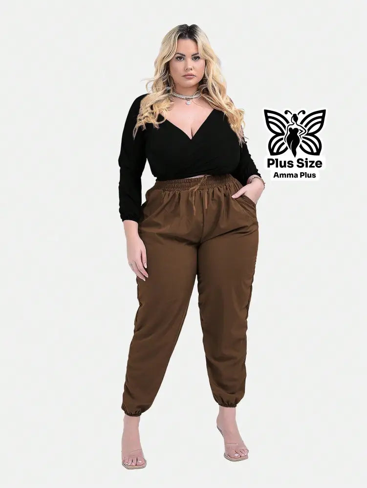 Calça Jogger Cós Elástico Com Bolsos Casual Plus Size - Amma Plus
