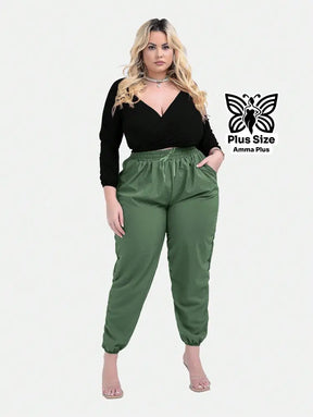 Calça Jogger Cós Elástico Com Bolsos Casual Plus Size - Amma Plus