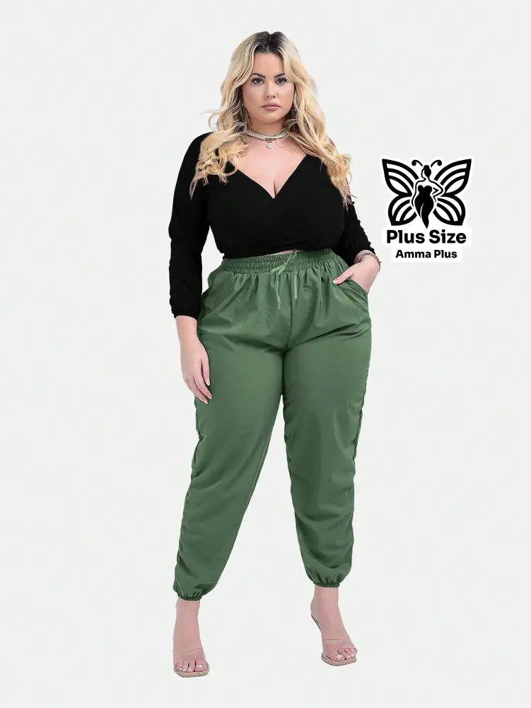 Calça Jogger Cós Elástico Com Bolsos Casual Plus Size - Amma Plus