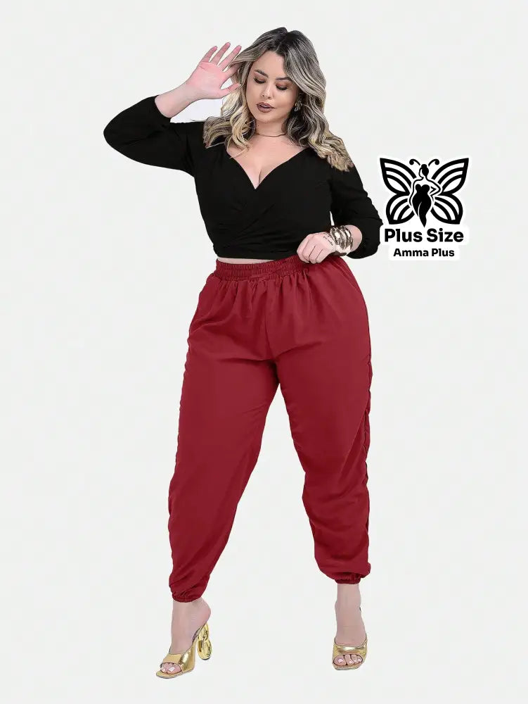 Calça Jogger Cós Elástico Com Bolsos Casual Plus Size - Amma Plus