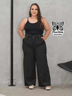 Calça Pantalona Com Cinto E Bolsos Elegante Plus Size - Amma Plus