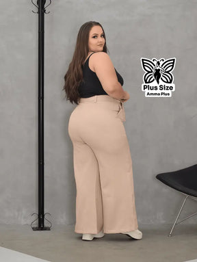 Calça Pantalona Com Cinto E Bolsos Elegante Plus Size - Amma Plus