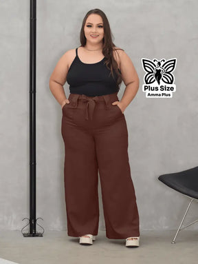 Calça Pantalona Com Cinto E Bolsos Elegante Plus Size - Amma Plus