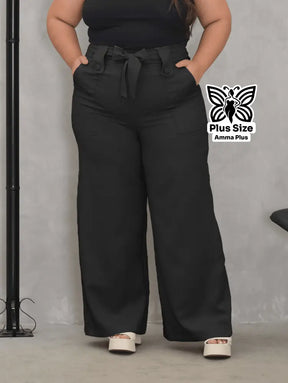 Calça Pantalona Com Cinto E Bolsos Elegante Plus Size - Amma Plus