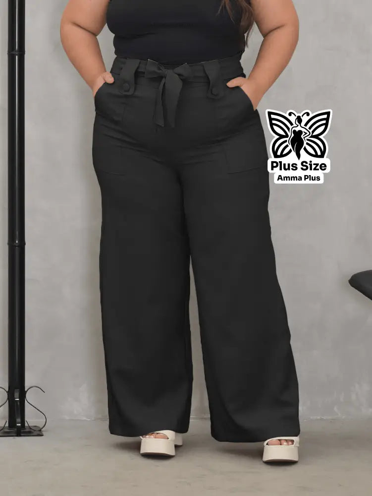 Calça Pantalona Com Cinto E Bolsos Elegante Plus Size - Amma Plus