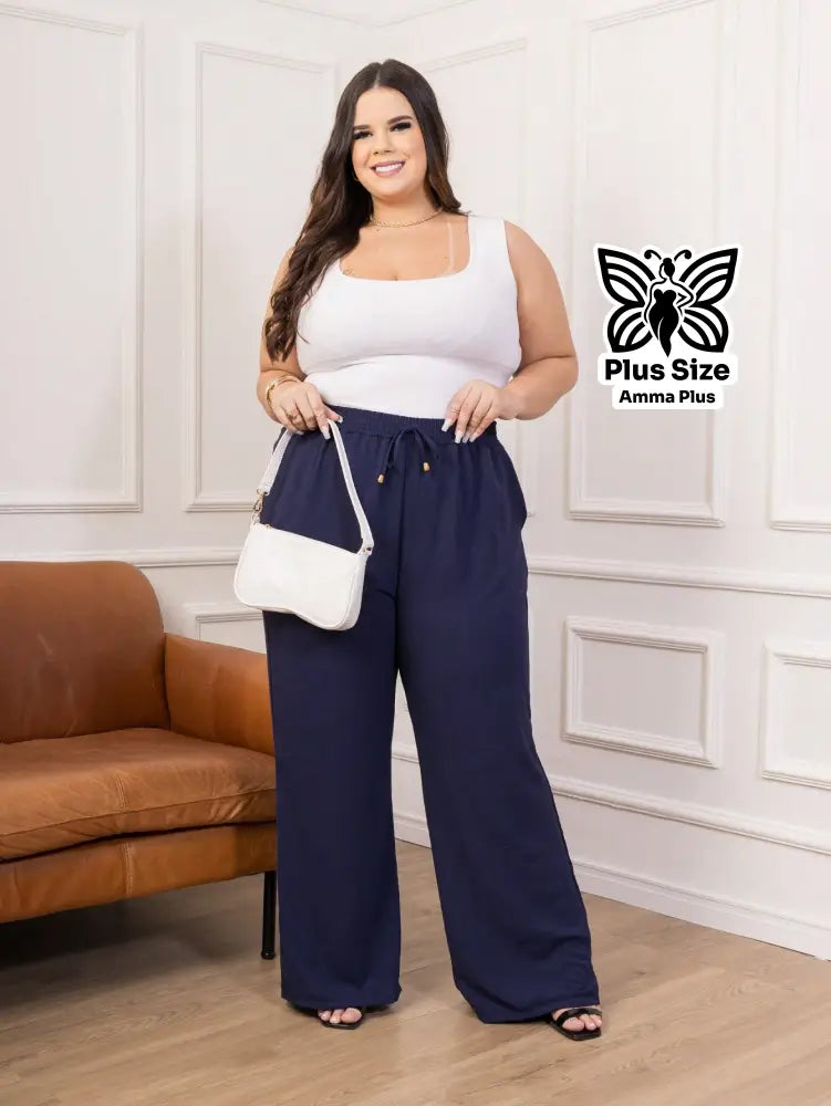 Calça Pantalona Cós Elástico Com Bolsos Confortável Plus Size - Amma Plus