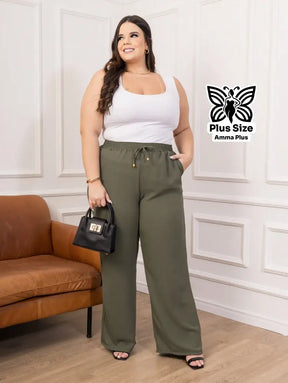 Calça Pantalona Cós Elástico Com Bolsos Confortável Plus Size - Amma Plus