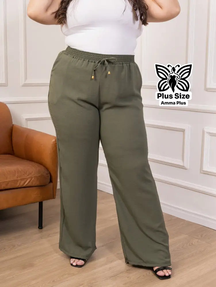 Calça Pantalona Cós Elástico Com Bolsos Confortável Plus Size - Amma Plus